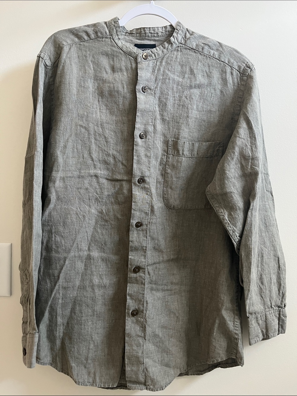 Claiborne Linen Band Collar Shirt Size L 100% Linen Button Down Shirt